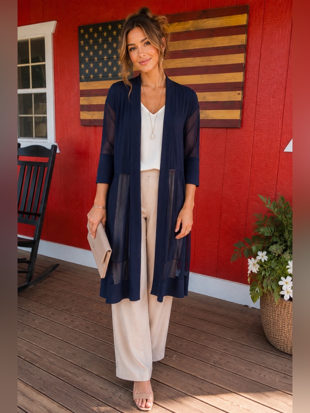 NWT R&M Richards Navy Blue Sheer Mesh Open Front Duster Cardigan Size 14